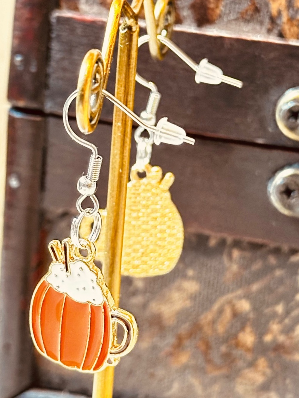 Handmade Pumpkin Spice Latte Earrings Fall Coffee Enamel Stainless Steel Dangles - Picture 5 of 6